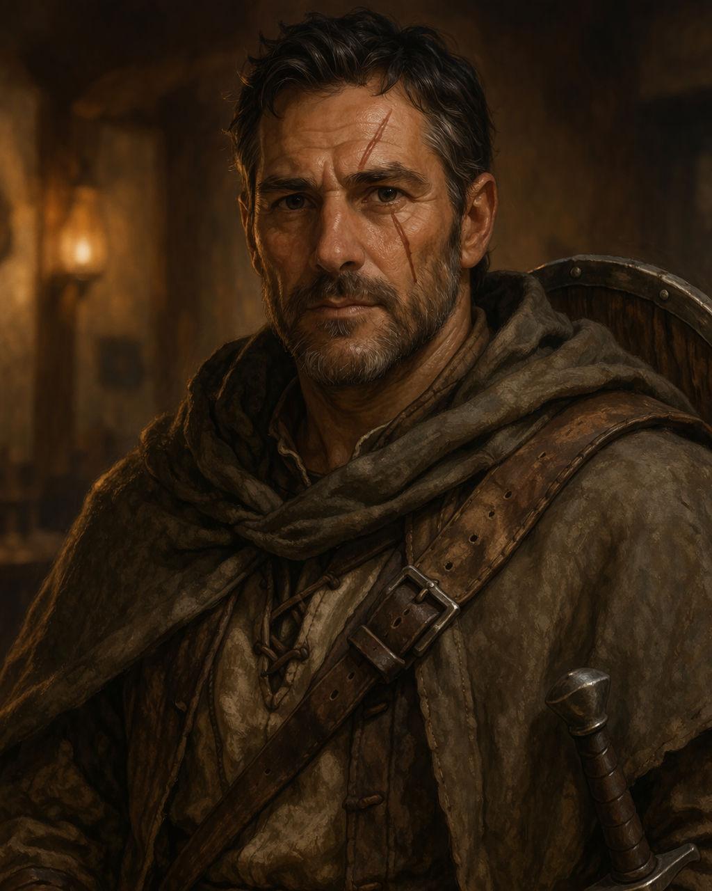 Portrait illustration of Garric Thorne, a seasoned human swordsman with a weathered face, practical gear, and a calm, trustworthy presence.