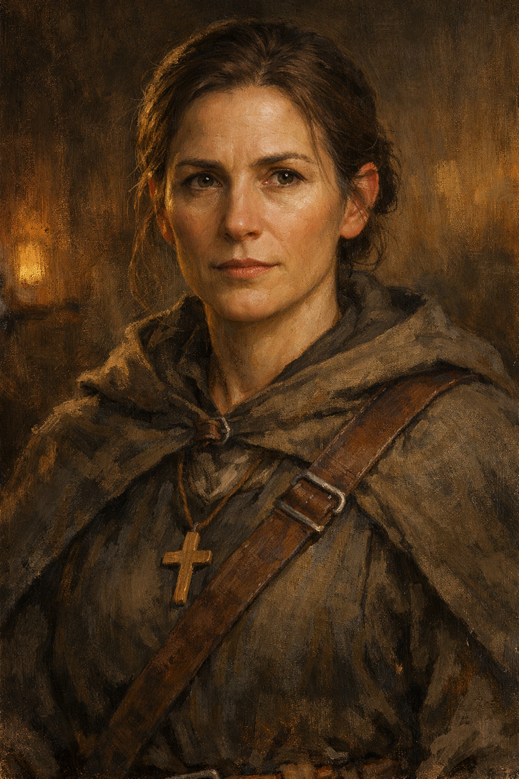 Portrait illustration of Sister Meret, a disciplined human healer in practical travel clothing with a calm, intelligent, and unsentimental presence.