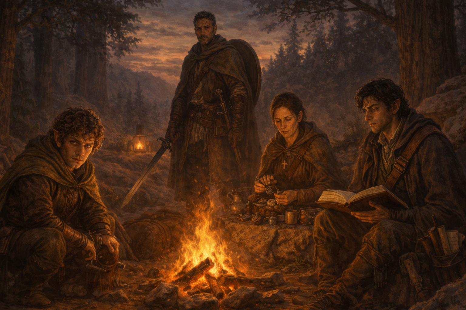 The Dungeon Raiders party gathered together on the road: Garric, Sister Meret, Corvin, and Bramble.